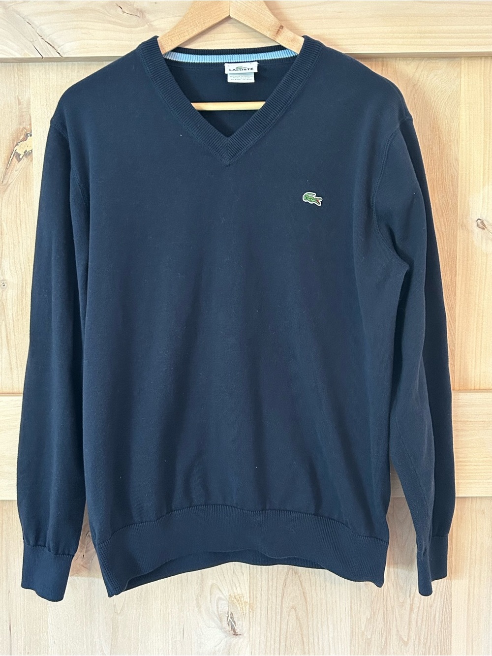 Lacoste Men's Black V-Neck 100% Cotton logo Sweater , size 5